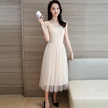 纱纱裙内搭吊带连衣裙女夏气质减龄网纱裙子显瘦打底背心裙 杏色