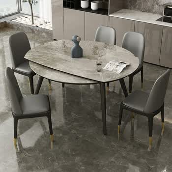 wkl  岩板餐桌椅岩板餐桌可变圆桌家用小户型现代简约轻奢实木伸缩长