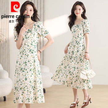 皮尔卡丹（pierre cardin）绿色碎花连衣裙女夏新款小个子显瘦气质方领字雪纺仙女裙子针织 绿色 S