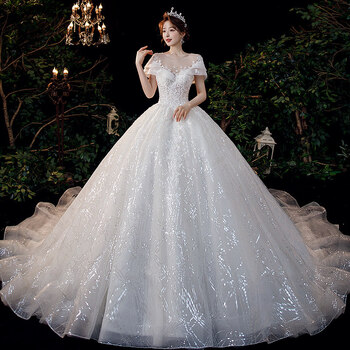 一字肩婚纱礼服夏季2021新款新娘气质主纱公主宫廷风法式森系轻大拖尾