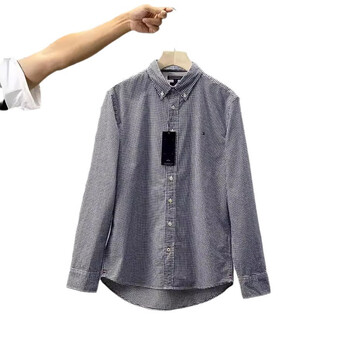 品牌男装春夏季衬衣男士商务休闲柔软舒适格子刺绣长袖衬衫黑白格m