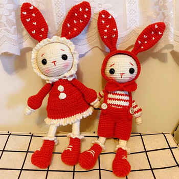 手工钩针编织玩偶diy材料包手工制作礼物毛线娃娃情侣兔 一对大红色网