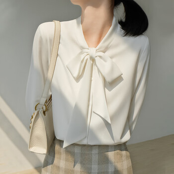 雅鹿长袖衬衫女缎面通勤百搭时尚蝴蝶结白衬衣s132c2366白色l