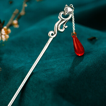 老凤凰990银狐狸发簪足银流苏民族风发饰古风汉服头饰步摇钗子灵狐