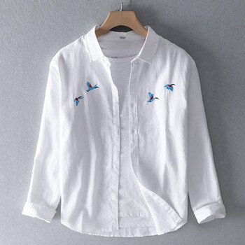 lisse亚麻刺绣白衬衫男长袖设计感小众上衣男宽松潮流个性绣花棉麻