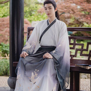 原创汉服女侠客古装交领魏晋风表演情侣毕业季装 男款灰白渐变瑞鹤仙