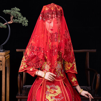 红盖头新娘纱新娘红盖头结婚复古刺绣软头纱秀禾服喜帕中式婚礼红色蒙