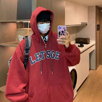 zmva酒红色卫衣男开衫加绒加厚冬季长袖美式540克重磅垂坠感秋冬外套