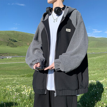 妙芙莲男士华夫格连帽外套学生s春秋季拼接撞色休闲百搭宽松港风夹克