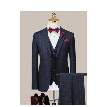 vancroug品牌西服套装男士新郎结婚黑色格子西装男外套修身英伦风休闲