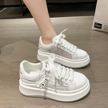 达小白鞋女感春夏透气网面小熊厚底松糕增高老爹欧货板鞋 白色 35