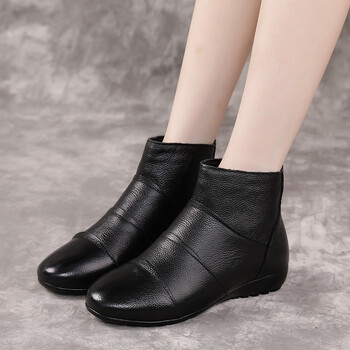 蜓真皮妈妈短靴同款冬季平底中老年加厚棉靴平跟绒毛女靴休闲保暖棉鞋