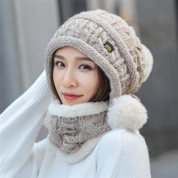 帽子女秋冬天潮百搭韩版加绒毛线帽毛球套头保暖护颈针织帽女细雪之舞