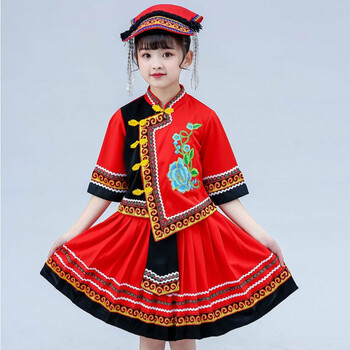 儿童演出服演出服彝族服装傣族少数民族舞蹈服饰土家族红色女110cm