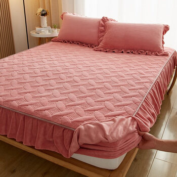 南极人珊瑚绒床笠牛奶绒花边床笠加绒床罩加厚夹棉加绒冬天床套儿童