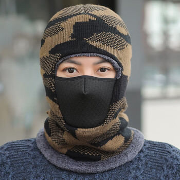 口罩围脖一体帽 毛线帽子男士冬天骑车保暖防寒神器围脖口罩一体连帽