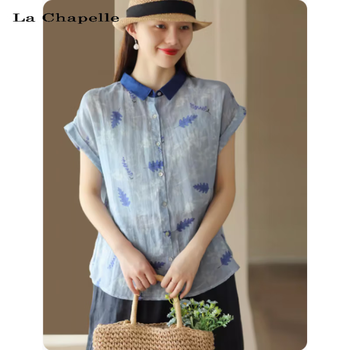 拉夏贝尔(la chapelle)2024新款复古印花棉麻衬衫女撞色翻领衬衣气质