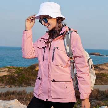 mock户外羽绒内胆冲锋衣三合一可拆卸休闲潮牌秋冬季登山服 粉色-女
