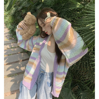 lachapellesport拉夏贝尔彩虹条纹长袖毛衣外套女秋季新款慵懒宽松拼