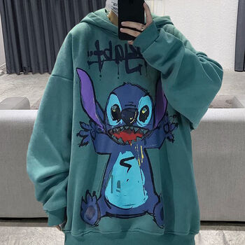 新款史迪仔印花连帽卫衣套装男初中高中学生情侣痞帅衣服搭配一套两装