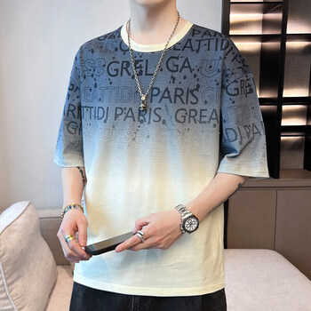 夏季男潮流宽松服潮牌学生短袖恤渐变色上衣五分袖半袖恤休闲杏兰xl