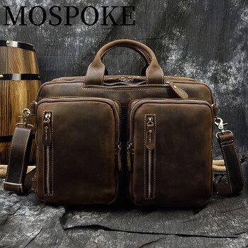 mospoke欧美复古男士公文包疯马皮多功能手提包单肩包上班通勤电深