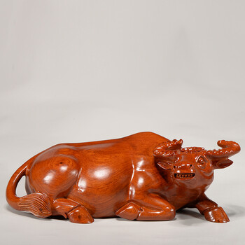 卧牛摆件花梨实木雕刻十二生肖牛转乾坤家居客厅车内装饰商务礼品花梨