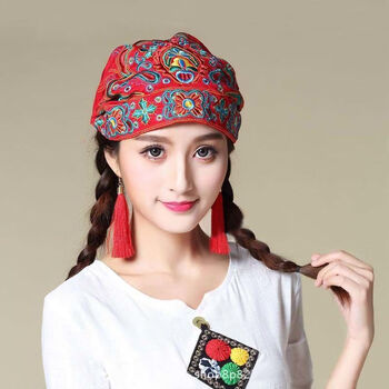女耳环旅游帽复古包头帽百搭t769多功能发带帽子民族风刺绣带帽中国红