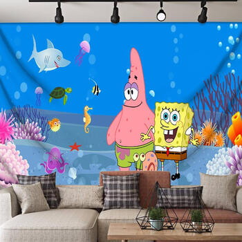 卡通动漫可爱海绵宝宝卧室床头挂布挂毯房间装饰背景布艺嬾黄色宽130