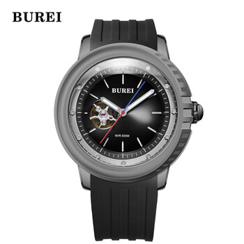 burei宝梭瑞士手表男士镂空机械手表防水夜光时尚商务男腕表 银壳黑面