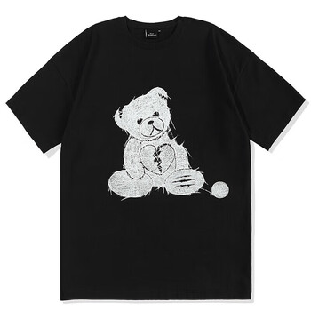 巾玖suamoment抓痕毛线小熊短袖t恤印花潮情侣半袖体一只小熊黑白xl