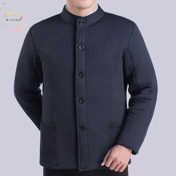 老年男士居家棉服加绒加厚宽松棉袄老人棉衣外套蓝黑色驼绒棉袄加绒