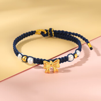 爱帛哆3d硬金黄金蝴蝶结转运珠在逃公主手链足金蝴蝶结珍珠女款手绳