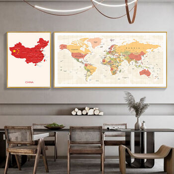 【精品装饰字画】世界地图装饰画中国地图办公室挂画沙发背景墙面大幅