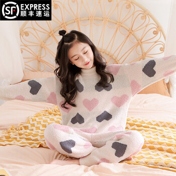 儿童长袖家居冬季保暖衣睡衣趴体 白色爱心 160