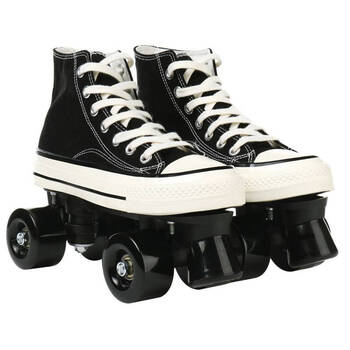 奥若拉双排溜冰鞋闪光旱冰溜冰场专用轮滑成年四轮男女老式 黑色帆布