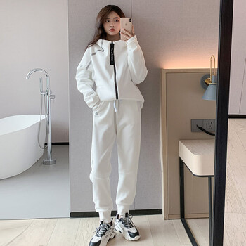 运动套装女2022春秋宽松休闲套装显瘦加绒卫衣套装跑步两件套rche白色