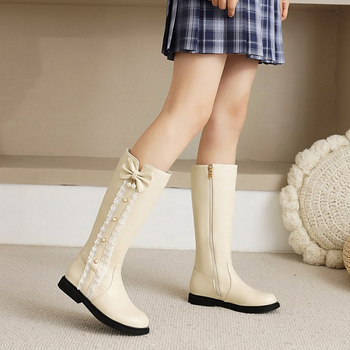 女童长靴子秋冬儿童公主靴加绒蝴蝶结高筒靴白色中大童表演出单靴米色