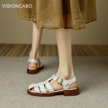 威森卡伯（visioncabo）复古风包头凉鞋女中跟T字扣带猪笼鞋罗马鞋女 米白色 38