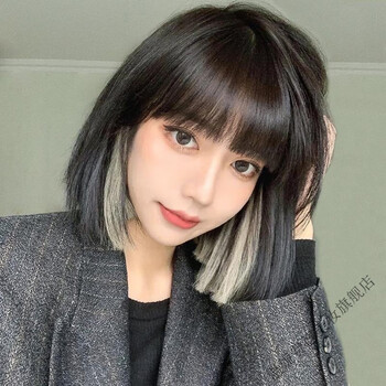 锁骨发型圆脸bobo头仿真人发丝自然全头套式黑茶色挑染白茶灰发网发丝