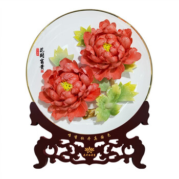 洛阳牡丹瓷盘摆件 结婚送礼礼品装饰工艺品洛阳花开牡丹瓷盘电视柜