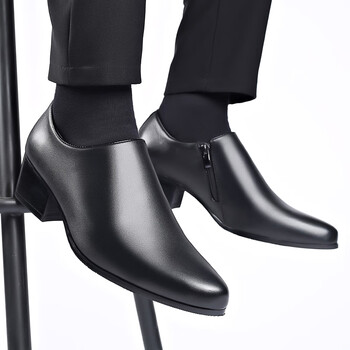 真牛皮高跟男鞋男式高跟牛皮鞋男士休闲皮鞋高跟鞋男商务装发型师尖头