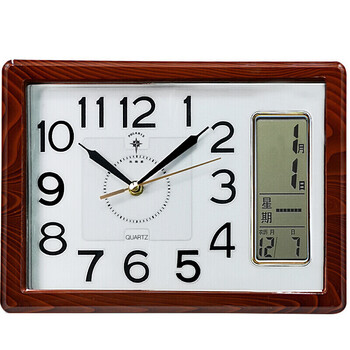 方形万年历小挂钟台钟电子时钟静音夜光床头钟现代钟表7297木纹液晶