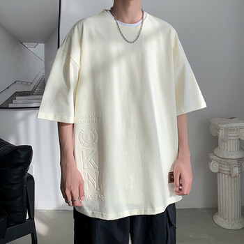 mghr港风钢印新款夏季男潮流宽松服潮牌学生t恤上衣米白色2xl