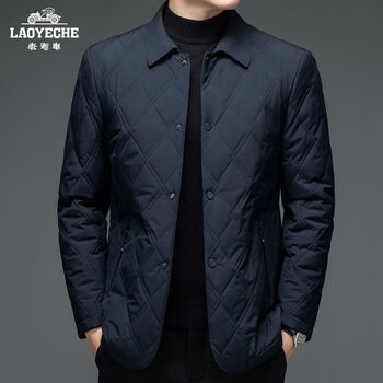 老爷车秋冬棉服夹克男休闲翻领格纹棉衣中老年爸爸装加厚棉袄外套藏青