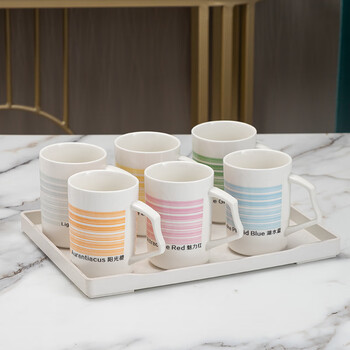 6色水杯套杯家用茶壶水具套陶瓷水彩色陶瓷水杯套装客厅办公茶杯6个杯