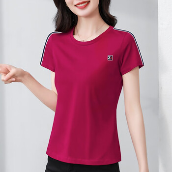 拉夏贝尔纯棉短袖t恤女款冬季衣服女装正肩上衣半袖体恤小衫红色默认1