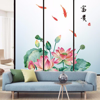 静电磨砂玻璃贴膜新中式荷花窗户贴纸透光不透明玻璃门贴纸隔断风景