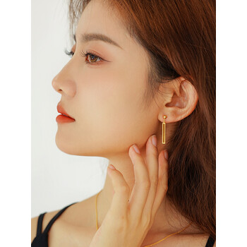 温鸿七夕节日礼物黄金耳钉女999足金方形链条耳线5g金圆珠耳饰方形