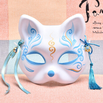 手绘日式和风狐狸面具半脸 古风汉服化妆舞会cos动漫猫脸狐妖面罩
